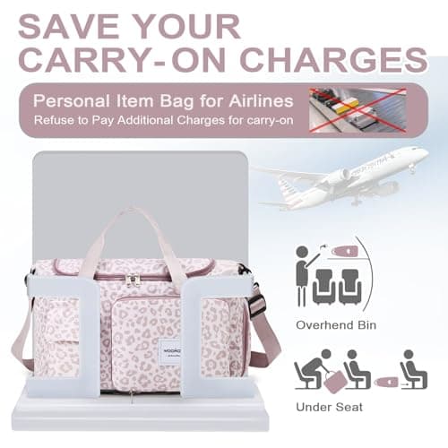 WOOMADA Foldable Travel Duffel Bag with Shoes Compartment, Overnight Bag with Wet Pocket & Trolley Sleeve, Weekender Bags for Women(A-pink leopard) - Thumbnail 4