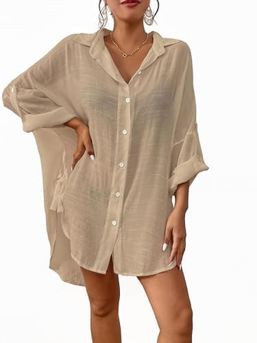 Bsubseach Linen Bathing Suit Cover Up Shirt Women Button Down Beach Cover Ups Split Tie Swimsuit Coverup Blouse Apricot S - Image 1