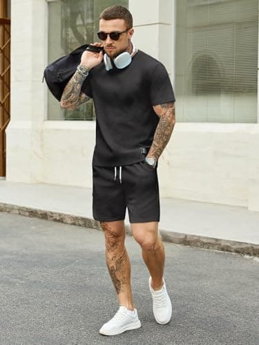 JEMLDL Mens Short Sleeve T-Shirt Shorts 2 Piece Set Summer Jacquard Casual Lounge Sets Comfort Fashion Outfit Sweatsuit Black XL - Thumbnail 4