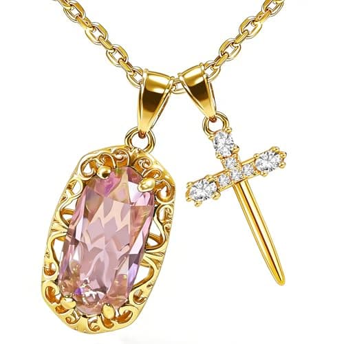 Anranyo 18K Dainty Gold Cross Necklace, Pink Birthstone Necklace, Hypoallergenic, Non Tarnish, Minimalist, Christian Gifts for Women Wife Daughter Sister Girlfriend - Image 1