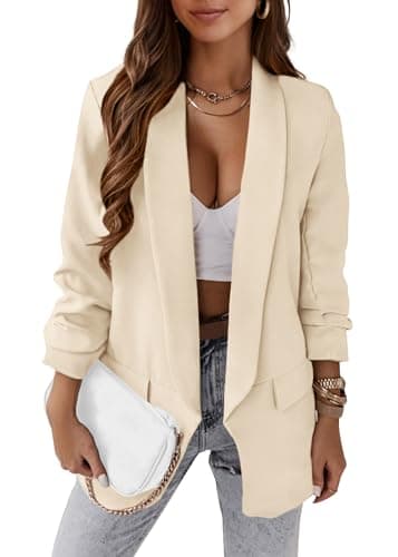KIRUNDO Blazers for Women Oversized Business Casual 2026 Spring Fall Fashion Long Sleeve Open Front Work Office Suit Jackets(Beige White, Large) - Image 1