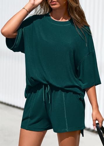KIRUNDO 2 Piece Sets for Women Summer Lounge Sets Casual Oversized Tshirts Shorts Matching Airport Travel Outfits Postpartum(Peacock Green, Medium) - Thumbnail 4
