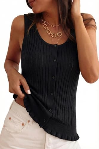 Arach&Cloz Women's 100% Cotton Sweater Vest Ruffle Hem Tank Summer Tops Beach Vacation Outfits 2026 Black S - Image 1