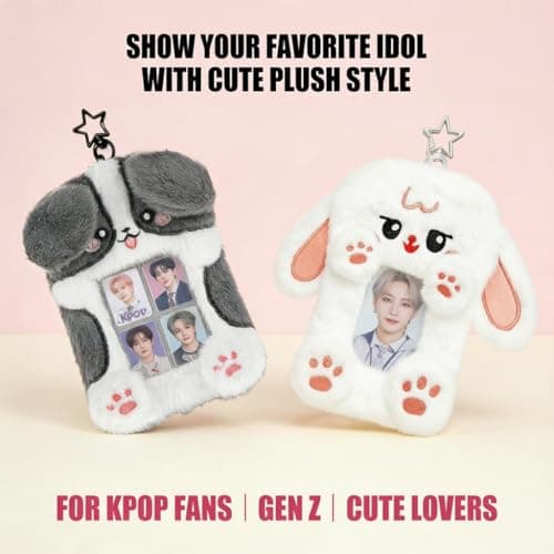 DegoCyhton Photocard Holder, Kpop Photo Card Keychain, 2 Pack 3 Inch, Clear PVC Window, Anti-Shed Plush Design, 360° Rotating Hook, for Teen Girls Student Campus Backpack Pendant & Card Protection - Thumbnail 2