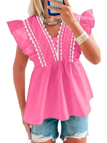 Tankaneo Womens Babydoll Peplum Tops Ruffle Cap Sleeve V Neck Blouse Dressy Cute Summer Pleated Shirts Trendy Pink - Image 1