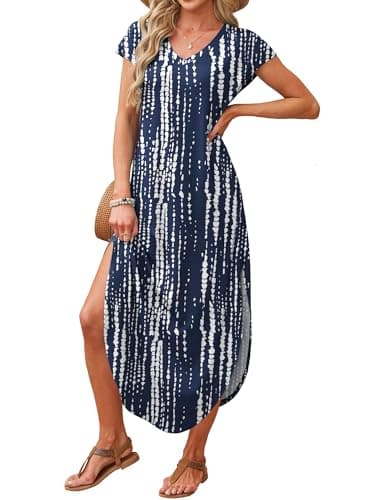 RUMIA Summer Casual Maxi Dresses for Women- Women's V Neck Cap Sleeve Long Sundress with Pockets Beach Vacation - Thumbnail 3