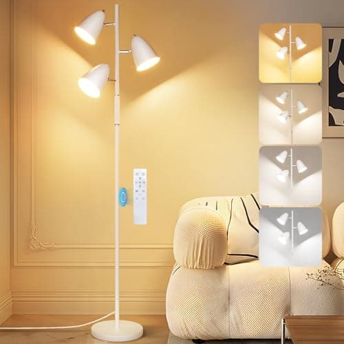 QiMH LED Floor Lamp for Living Room, Modern Dimmable Standing Lamp with 4 Color Temperature,Remote and Touch Control, Tree Floor Lamp for Bedroom with 3 Rotatable Lights Bright Stand up Lamp, White
