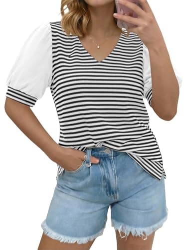 Tankaneo Womens Puff Sleeve Striped T-Shirts Summer V Neck Color Block Tops Trendy Casual Loose Fit Blouses White - Image 1