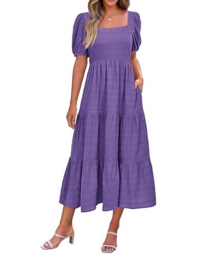PRETTYGARDEN Women's Summer Dresses 2026 Puff Sleeve Square Neck High Waist Smocked A-Line Flowy Loose Fit Midi Dress(Purple,XX-Large) - Image 1