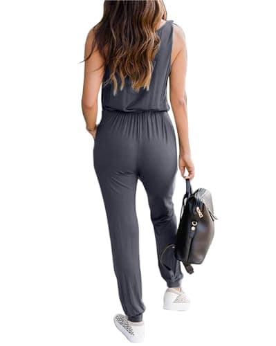 (kirundo 2023 women's summer jumpsuits casual sleeveless jumpsuit drawstring waist long pant romper pajama with pockets(dark grey, small),(Crew Neck,casual,waist) - Thumbnail 2