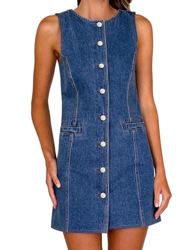 Nitzana Women's Denim Dress Jean Sleeveless Button Down Shirt Mini Tank Casual Summer Dresses with Pocket 2026 Trendy Western Outfits Blue - Image 1