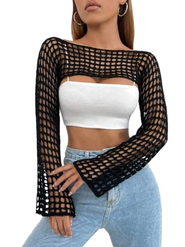 Mincib Womens Crochet Shrug Y2K Hollow Out Bolero Shrug See Through Cropped Knit Sweater Top(Black,M) - Image 1
