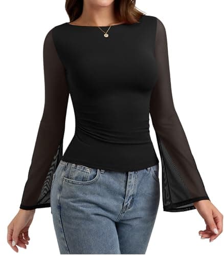 PINKMSTYLE Sexy Sheer Mesh Bell Sleeve Blouse Ruched Boat Neck Long Sleeve Going Out Tops for Women Country Concert Outfits Black XX-Large - Thumbnail 2