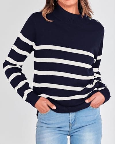 KIRUNDO Fall Sweaters for Women 2026 Striped Turtleneck Ribbed Knit Sweater Trendy Pullover Jumper Winter Fashion Clothing(Small, Navy) - Thumbnail 6