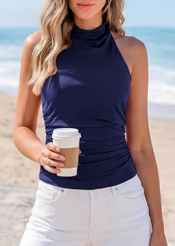KIRUNDO Tank Tops for Women 2026 Dressy Halter Cowl Neck Backless Summer Clothes Casual Fitted Going Out Mesh Beach Outfits(Navy Blue, Large) - Thumbnail 2