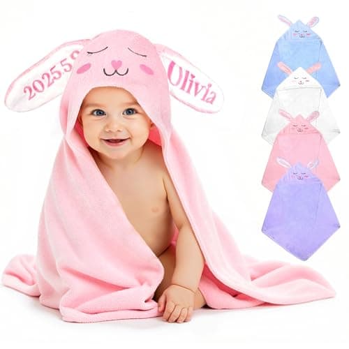 Individz Custom Hooded Bath Towel with Name, Personalized Highly Absorbent Bunny Towels, Baby Bath Towels for Girls Boys, Brithday for Baby, Toddler, Newborn (Pink-Bunny) - Image 1