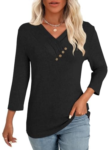GKBK Women 3/4 Sleeve Tunic Tops for Leggings V Neck Button Down Loose T Shirts 2026 Fall Summer Dressy Business Casual Blouse Pullover Sweatshirt Work Cute Trendy Sweater Outfit Clothes Black S - Image 1