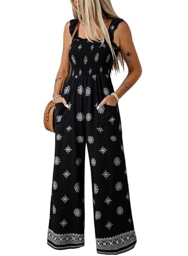 Dokotoo Floral Jumpsuits for Womens 2026 Ruffle Sleeves Cute Square Neck Maternity Jumper Smocked Waisted Wide Leg Pants Dressy Beach Vacation Cruise Outfits Plus Size with Pockets,Black Large - Image 1