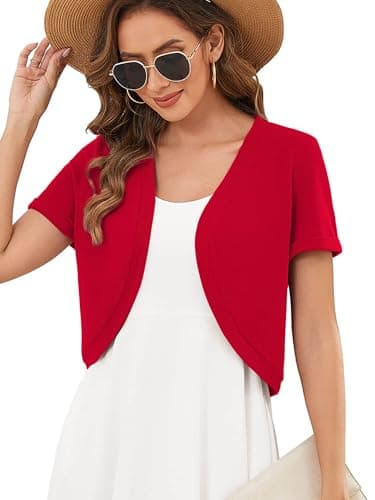 Heymoments Women's Short Sleeve Shrugs Red Medium Lightweight V-Neck Open Front Cropped Cardigan Knitted Bolero Sweaters Elegant Dresses Cover Up - Image 1