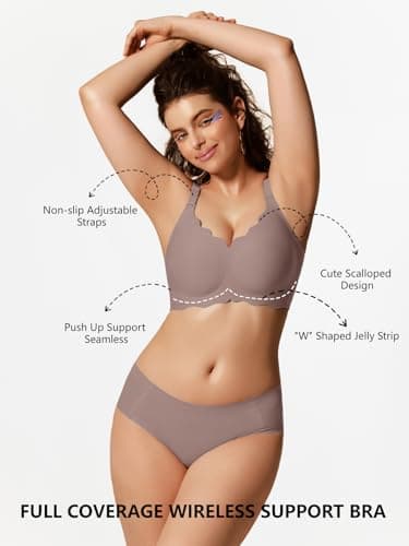 COCOMARTS Jelly Bras for Women No Underwire Scalloped Push Up Wireless Bralettes Seamless Soft Comfort Everyday Tshirt Bra Grey 4X-Large - Thumbnail 5