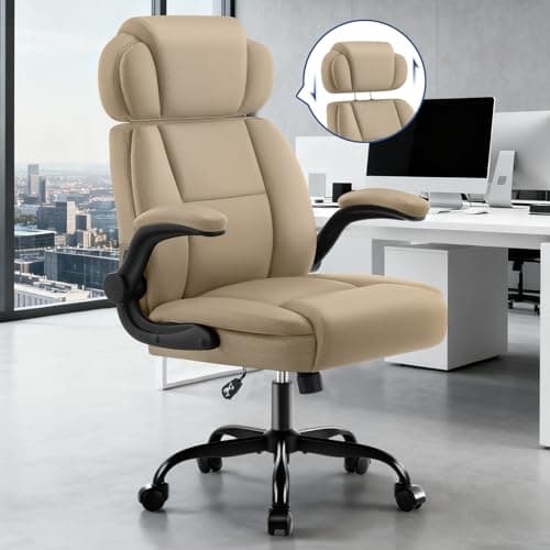 AreShark Ergonomic Office Chair with Lumbar Support, 400lbs Heavy Duty Big and Tall Executive Desk Chair, PU Leather High Back Computer Chair with Flip-Up Arms & Adjustable Headrest, Khaki