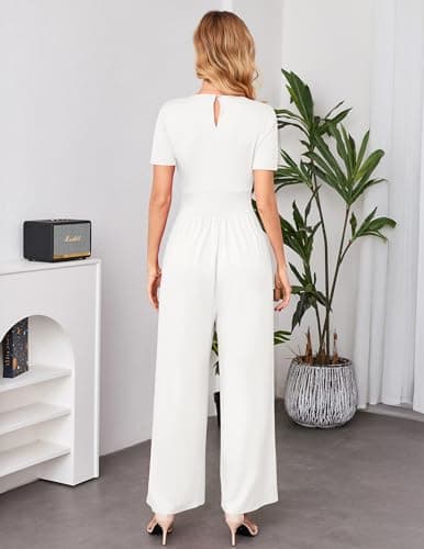 LOOKBOHO Womens Short Sleeve Jumpsuits Summer Casual Deep V Neck Dressy Casual 2026 Romper High Waist Summer Wide Leg Pants White S - Thumbnail 3
