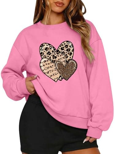 PEFYERVERY Women Sweatshirt Loose Fit Crewneck Long Sleeve Pullover Heart Leopard Print Graphic Hip-Hop Y2k Street Oversize Style Sweater Pink XL - Image 1