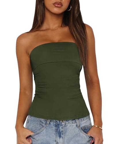 BTFBM Womens Strapless Tube Tops Spring Summer Clothes 2026 Trendy Casual Ruched Stretchy Going Out Bodycon Bandeau Top(Army Green, X-Large) - Image 1
