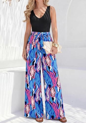 BTFBM Two Piece Sets For Women Summer 2026 Spring Outfits Casual Sleeveless Wide Leg Pants Sets Beach Vacation Clothes(Floral Blue, Small) - Thumbnail 3