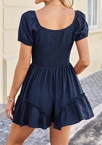 ECOWISH Women Summer Short Romper Puff Short Sleeve Tie Front V Neck Ruffle Cute Rompers Dress Outfits with Pockets Navy Blue X-Large - Thumbnail 5