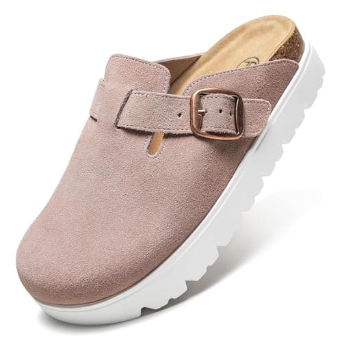 Brelzo Calvior Women's Platform Suede Clogs Slip-On Mules Non-Slip Potato Shoes Sandals with Arch Support Adjustable Buckle Pink - Image 1