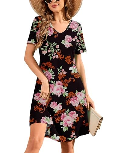 DEARCASE Women's Short Sleeve Casual Sweater Tunic Dress V-Neck Loose Boho Knee Length Fall Summer Petite Stretch A-Line Wedding Guest Flowy Swing Tshirt Dresses Broken Rose Black Small - Image 1