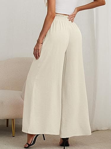 Heymoments Women's Wide Leg Dress Pants with Pockets Ivory Large Lightweight Elastic High Waisted Adjustable Tie Knot Flowy Loose Slacks Lounge Casual Ladies Beach Pleated Trousers - Thumbnail 3