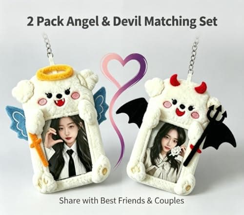 DegoCython Photocard Holder, 2 Pack Angel & Devil Puppy Pair, Plush Photo Card Keychain, Clear Protective Sleeve, 3 Inch Size, Dual Hanging Clasps for Kpop Fans Backpack Charm Gift Concert - Thumbnail 2