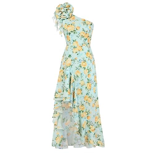 GRACE KARIN Womens Summer One Shoulder Sleeveless Dresses Floral Flowy Ruffle High Low Wedding Guest Maxi Sundresses Blue Yellow 6 - Image 1
