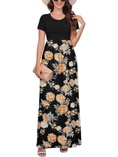DEARCASE Women Long Maxi Dress Flower Yellow Black Small Crewneck Boho Short Sleeve A-line Casual Hawaiian Flowy Party Vintage Spring Summer Beach Dresses with Pockets - Image 1