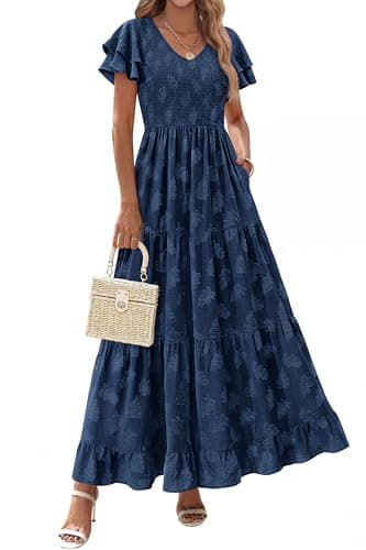 dowerme Maxi Dresses for Women 2026 Summer Ruffle Sleeve V Neck Smocked A Line Floral Boho Tiered Sundress Spring Outfit(Navy Blue,Large) - Image 1