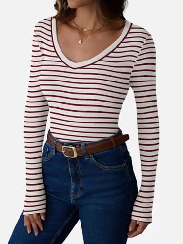 GKBK Womens 3/4 Sleeve Scoop Neck Tops Ribbed Knit Slim Fitted Casual Basic Tee Shirts 2026 Fall Summer Fashion Trendy Work Casual T-Shirt Undershirts Layering Clothes Burgundy White Stripe M - Thumbnail 3