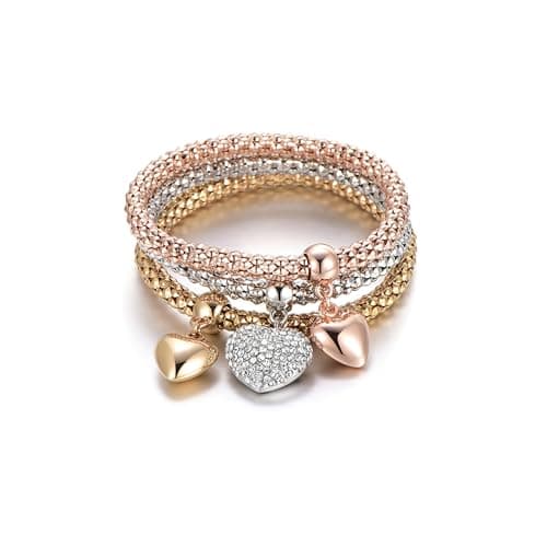 SILANER Crystal Charms Multilayer Bracelets - 3PCS Gold/Silver/Rose Gold Corn Chain Bracelet for Women, Tree of Life Heart Shaped Stretch Bracelet(Solid Hearts Charm) - Image 1