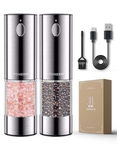 TOMEEM Upgraded Larger Capacity Electric Salt and Pepper Grinder Set Rechargeable with LED lights, Stainless Steel Automatic Pepper and Salt Grinder Refillable with 5 Adjustable Coarseness - Image 1