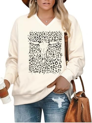 BLANCHES Plus Size Western Wear for Women Boho Cow Skull Sweatshirt V Neck Long Sleeve Casual Vintage Rodeo Country Concert Tops Outfits - Image 1