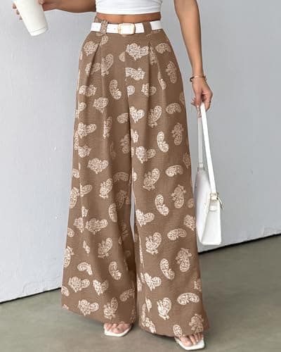 Bsubseach Women Palazzo Pants Modern Boho Floral High Waisted Wide Leg Pants Summer Causal Beach Trousers with Pockets Khaki L - Thumbnail 4
