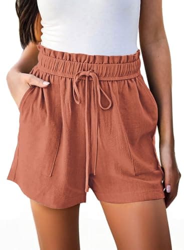 Hody Lovy Linen Beach Vacation Shorts for Women Dressy Casual Summer Outfits High Waisted Lounge Comfy Wide Leg Loose, Rust L - Image 1