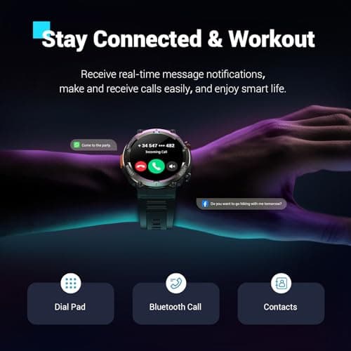 Military Smart Watch for Men(Answer/Make Calls),Outdoor Smartwatch with 100 Days Battery/Flashlight/Compass/Heart Rate/SpO2/Sleep Monitor/2 Straps, Rugged Fitness Watch for iPhone/Android Phones - Thumbnail 3