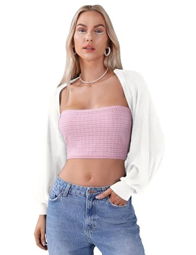 Totatuit Women's Long Sleeve Bolero Shrug for Dresses Open Front Knit Cropped Cardigan Loose Y2K Cardigan Sweater White - Thumbnail 6