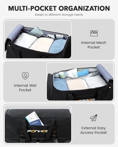 Ponhog 22 Inch Rolling Duffle Bag with Wheels for Men - Water Resistant Wheeled Duffle Bag for Weekend Travel & Overnight Trips, Black - Thumbnail 3