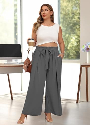 Lastshe Women's Plus Size Pants Wide Leg Work Casual Palazzo Flowy Elastic High Waisted Tie Knot Trousers with Pockets, Smoke Grey, 1X - Thumbnail 3