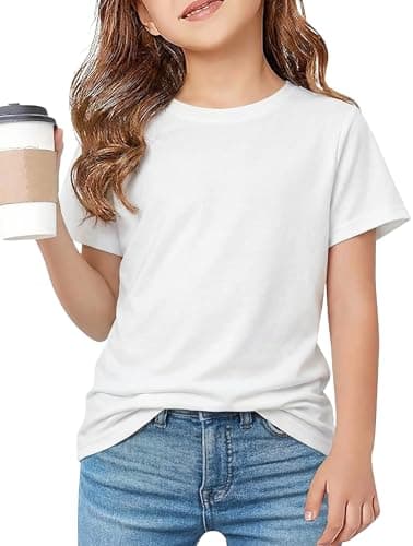 FREELYVE Girls Summer Short Sleeve T Shirts Casual Kids Tops Crewneck Tees Tween Girls Basic Clothes,White,6-7Y - Image 1