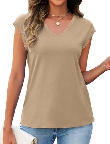 JUSTFASHIONNOW Cap Sleeve T Shirts for Women Lace Trim V Neck Tops Dressy Casual Blouses Cute Summer Tank Tops Spring Clothes(Khaki,Medium) - Thumbnail 5