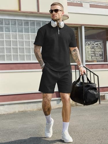JEMLDL Men's Short Sets 2 Piece Polo Shirt Summer Outfits Casual Fashion Jogging Track Suits Short Sleeve Travel Clothes Black XX-Large - Thumbnail 6
